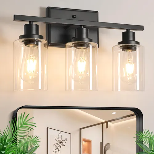 Matte Black Bathroom Vanity Light, Clear Glass (3-Light)